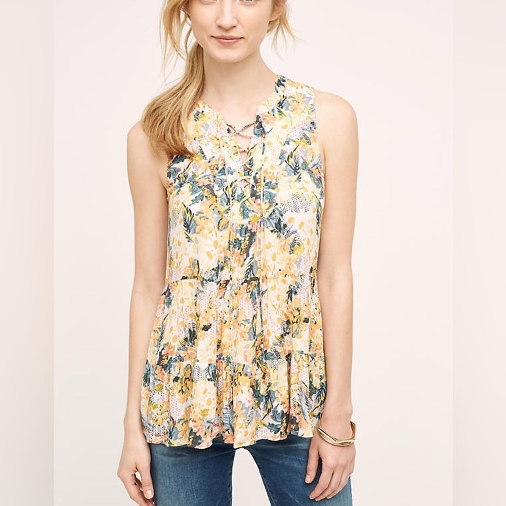 Anthropologie Blouse FLOREAT Lace Up ANAFA Tiered Tank Top Floral Flowers Size 4